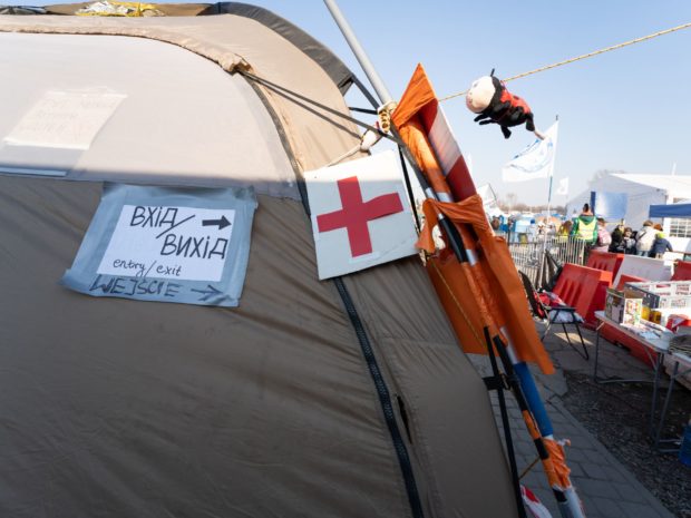 Tents on the Poland/Ukraine border offer services and supplies