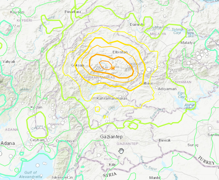 USGS map of earthquake epicenter in Southern Turkey and Syria
